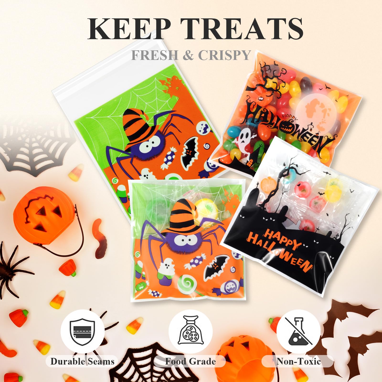 Sainyarh 100 Pcs Halloween Treat Bags 4'' X 4'' Halloween Cellophane Bags, Trick or Treat Candy Goodie Bags for Holiday Halloween Party Favors Supplies