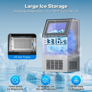 Commercial Ice Maker Machine 150LBS/24H with 2 Water Inlets Under Counter Ice Maker Stainless Steel with 33lbs Ice Storage Capacity, Freestanding Ice Maker