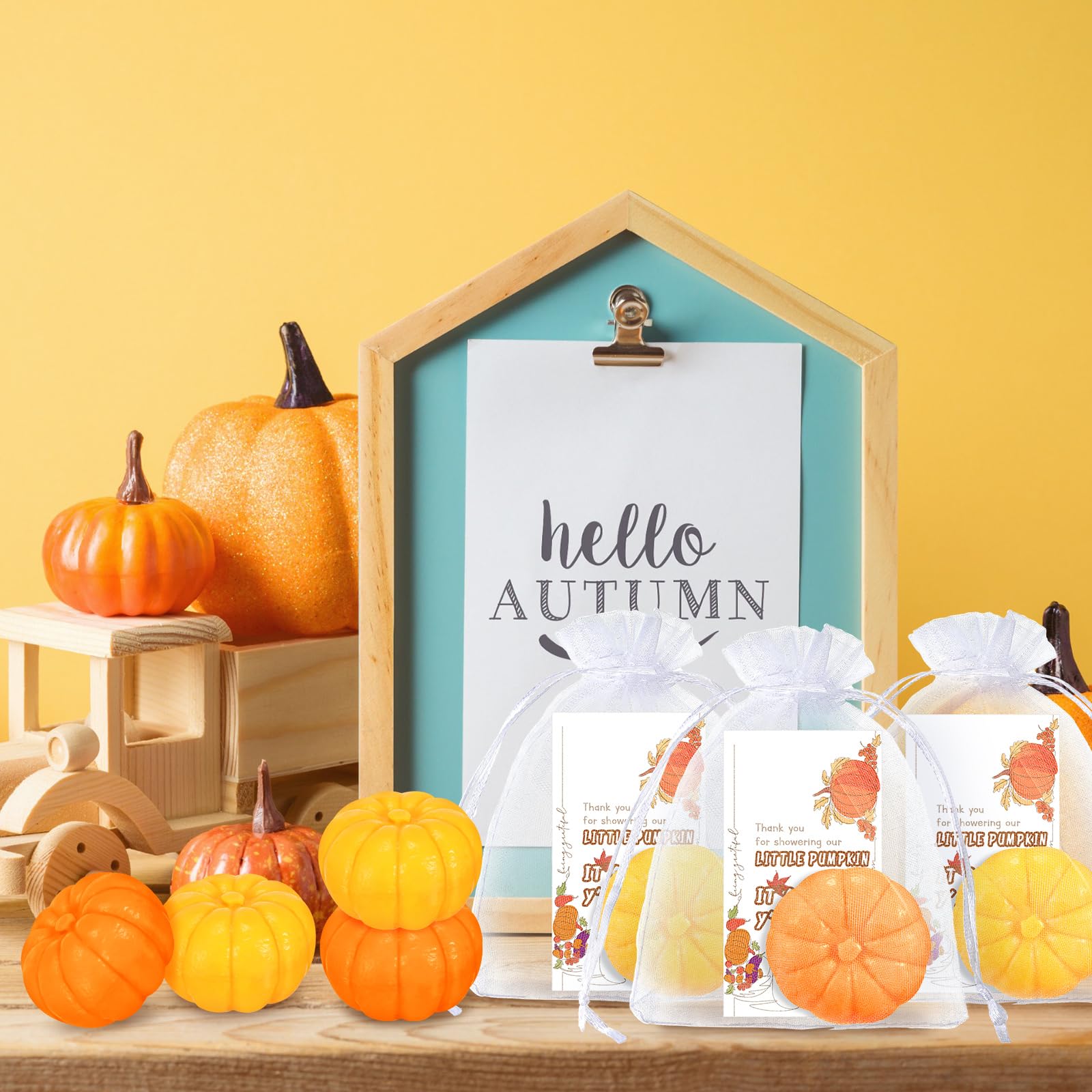 Liliful 30 Sets Pumpkin Theme Baby Shower Soap Favors Included Mini Pumpkin Soap Thanks Cards Drawstring Gift Bags for Fall Bridal Shower Wedding Autumn Thanksgiving Day Party Gifts Decorations