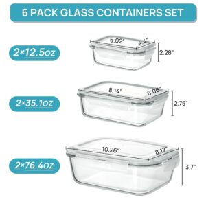 Vtopmart 2.26L/76oz Extra Large Glass Food Storage Containers with Lids, 6 pack Meal Prep Container Set, Airtight Container Bento Boxes with Snap Locking Lids for Microwave, Oven, Freezer, Dishwasher