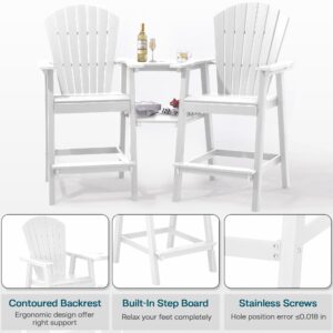 NAVINE Tall Adirondack Chairs Set of 2, HDPE Balcony Chair with Double Connecting Tray, Weather Resistant Outdoor Adirondack Bar Stools for Patio, Deck, Patio, Backyard, Balcony.(White)