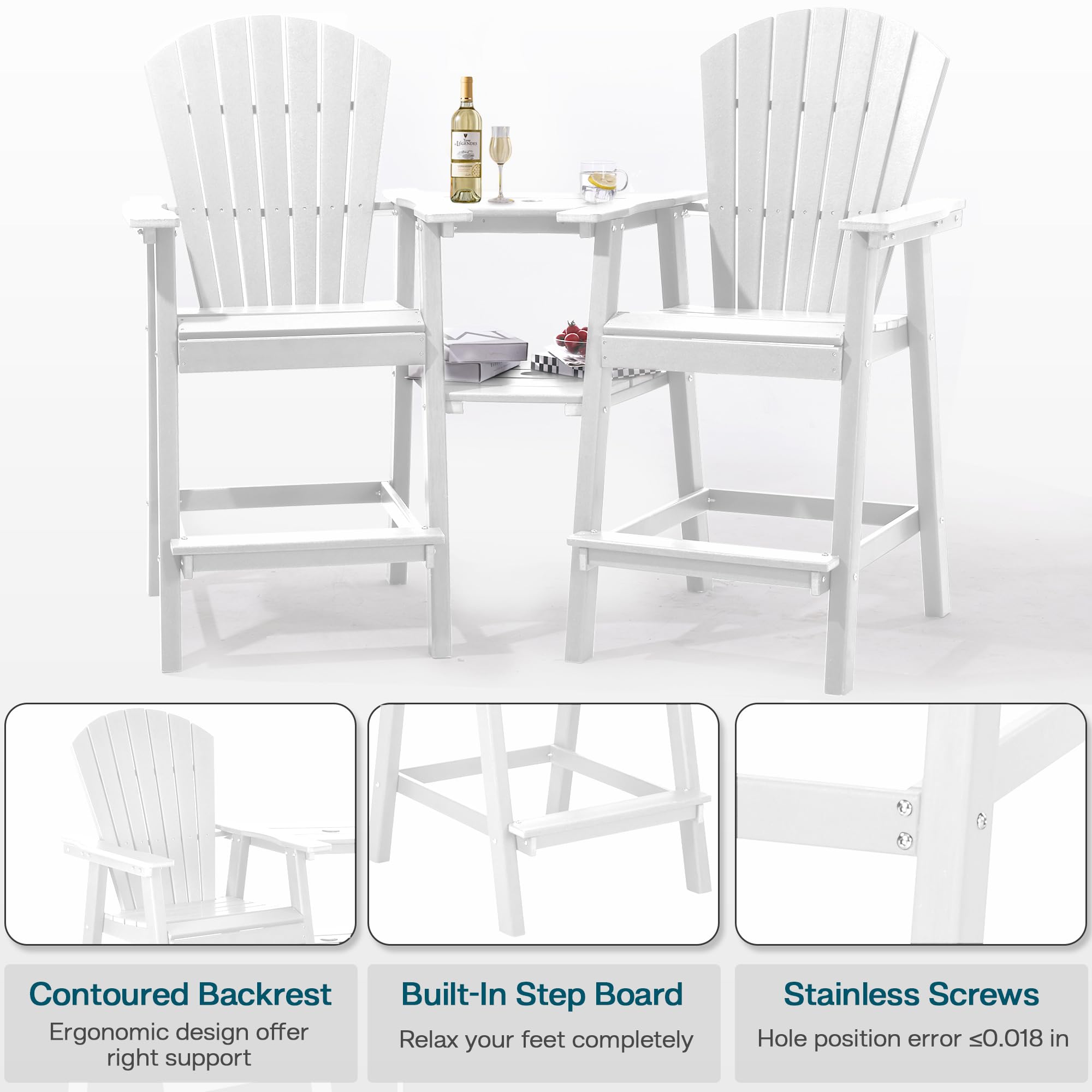 NAVINE Tall Adirondack Chairs Set of 2, HDPE Balcony Chair with Double Connecting Tray, Weather Resistant Outdoor Adirondack Bar Stools for Patio, Deck, Patio, Backyard, Balcony.(White)