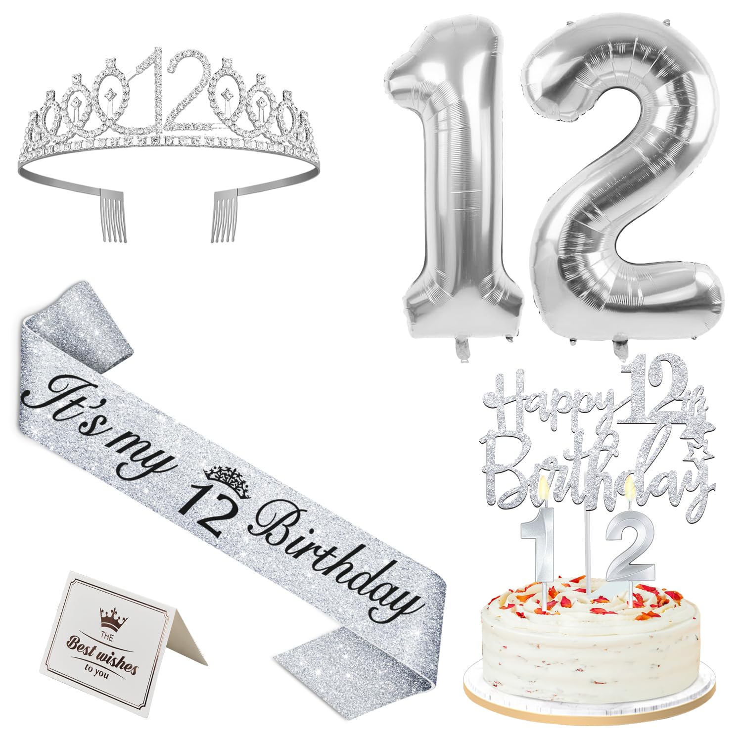 12th Birthday Decorations for Girls Silver, Including 12th Birthday Sash, Crown/Tiara, Candles and Cake Toppers, Silver Number 12 Balloons, 12 Year Old Birthday Party Decorations for A Girl