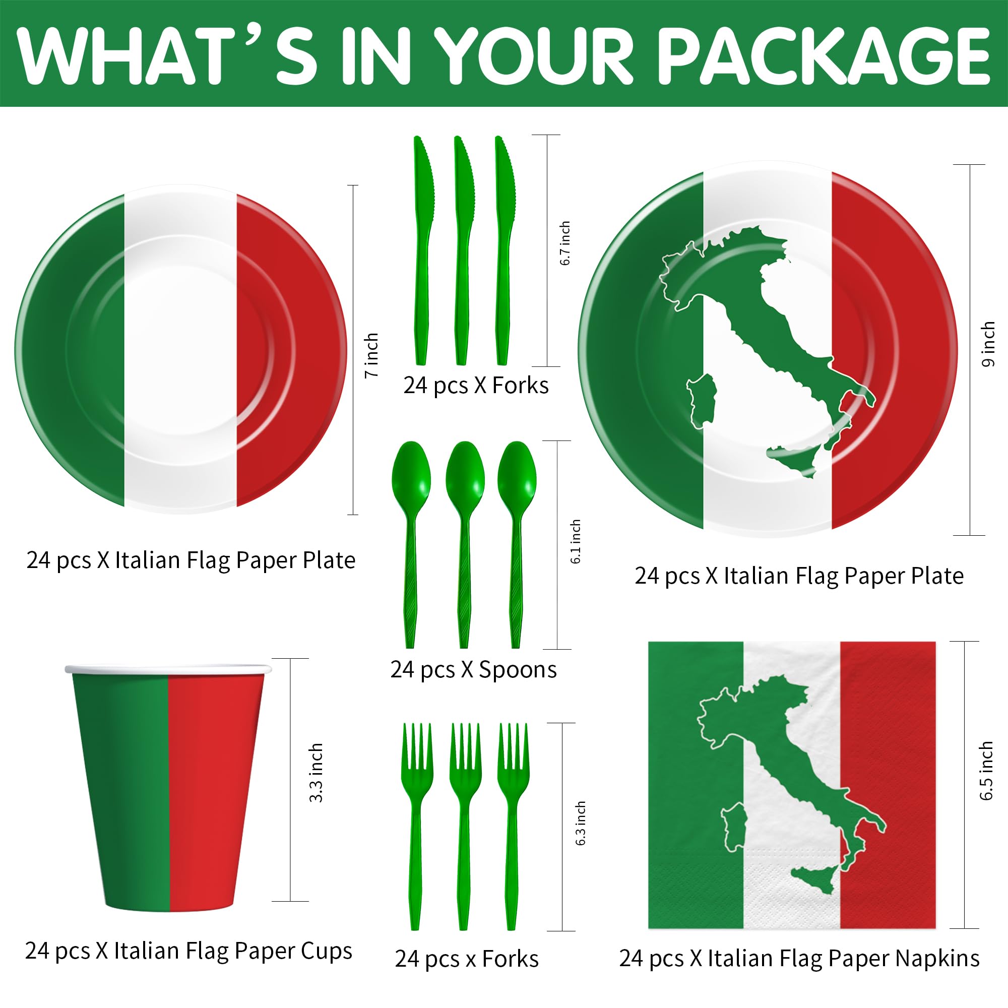 Suhelkit Italian Party Decorations Tableware - Disposable Italy Flag Party Supplies, Paper Plate, Napkin, Cup, Cutlery, Italian Flag Party Decorations Dinnerware For Birthday Baby Shower | 24 Guests