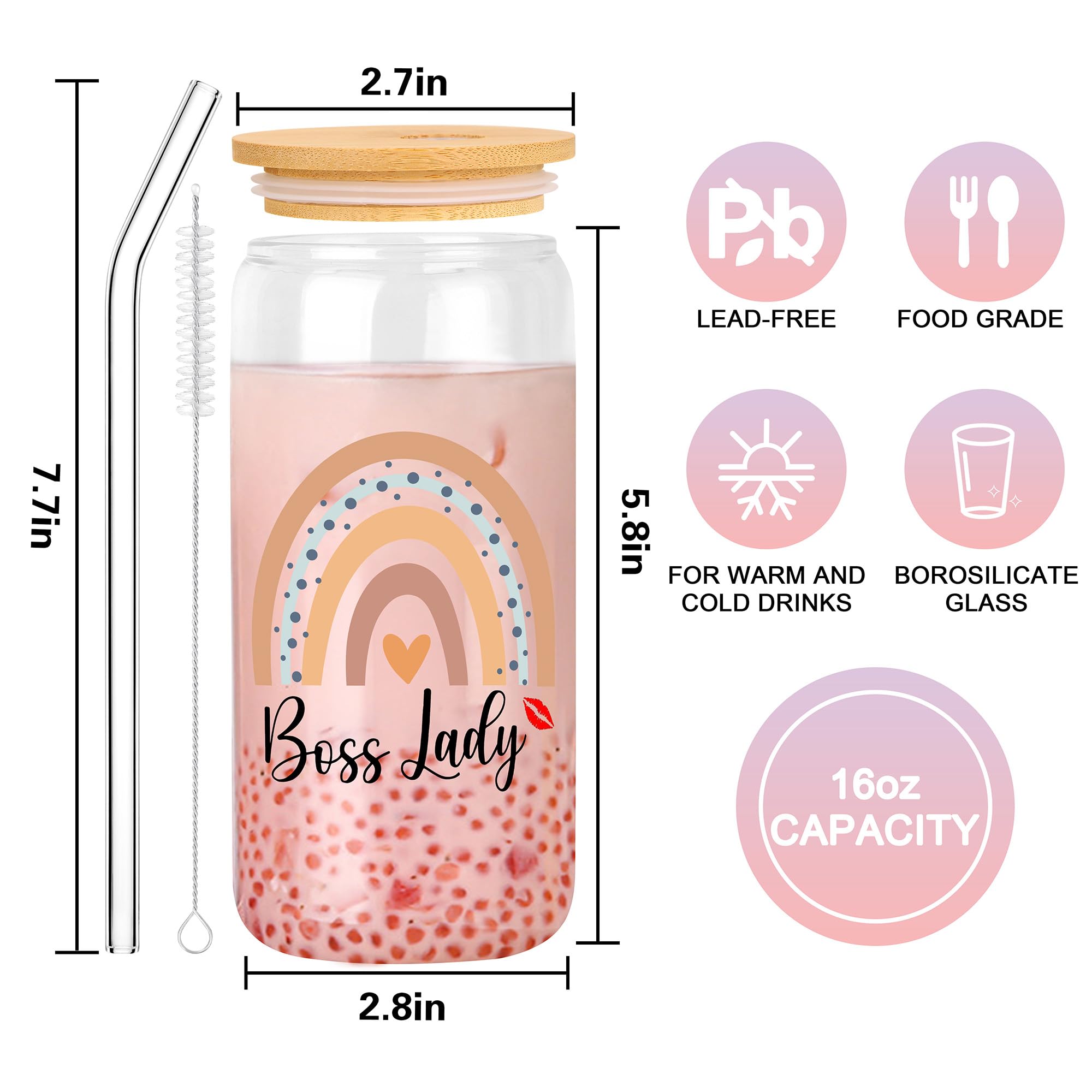 JoycuFF Boss Lady Gifts for Women Best Boss Gifts for Women Inspiration Boss Lady Gifts Set for Female Birthday Retirement Boss's Day Christmas Gifts for Boss Lady 16oz Glass Cup