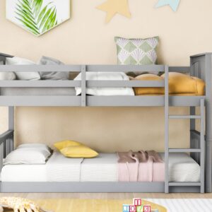 Merax Kids Bunk Bed Twin Over Twin, Wood Low Floor Bunkbed with Stairs Guardrail for Boys, Girls, Toddlers, No Box Spring Required, Grey