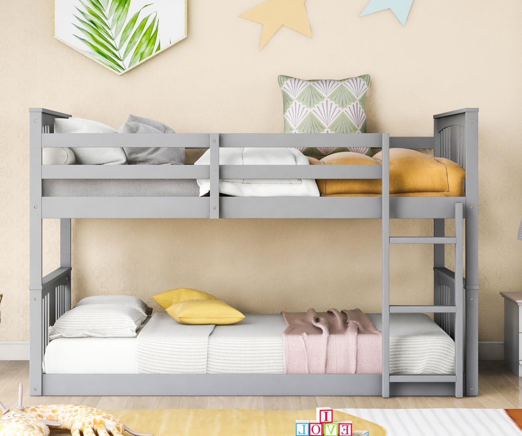 Merax Kids Bunk Bed Twin Over Twin, Wood Low Floor Bunkbed with Stairs Guardrail for Boys, Girls, Toddlers, No Box Spring Required, Grey