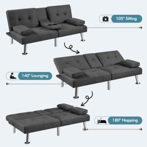 66'' Convertible Futon Sofa Bed Modern Folding Small Couch Bed Linen Fabric, Recliner Lounge Sofa for Living Room with 2 Cup Holders, Removable Armrests, Sleeper Loveseat, Futon Set (Black+ Gray)