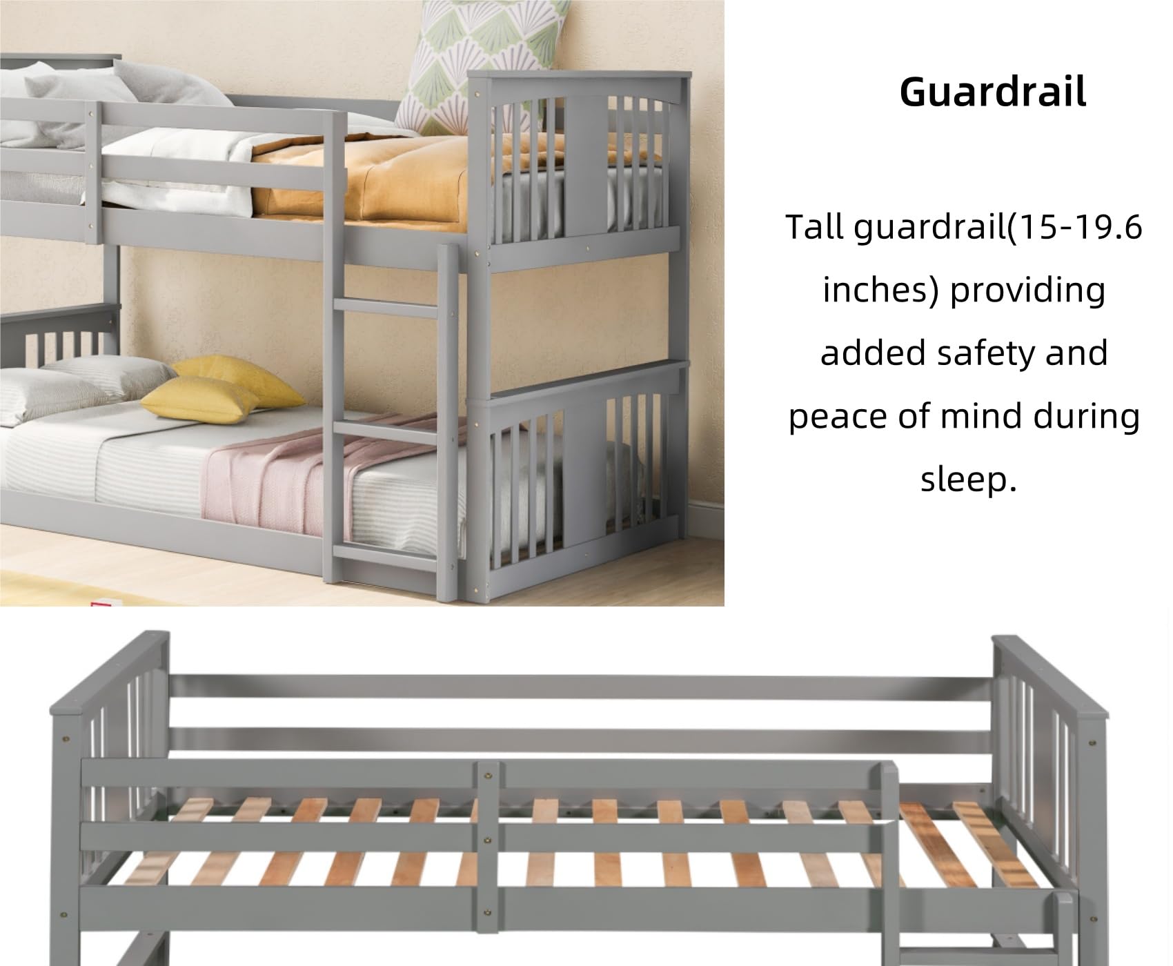 Merax Kids Bunk Bed Twin Over Twin, Wood Low Floor Bunkbed with Stairs Guardrail for Boys, Girls, Toddlers, No Box Spring Required, Grey