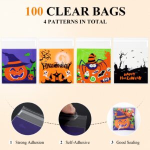 Artby7 100 Pack 4''x4'' Halloween Treat Bags for Candy or Cookies, Self Adhesive Small Candy Snake Goodie Bags for Halloween Party Favor and Gift Packing, Trick or Treat Bags