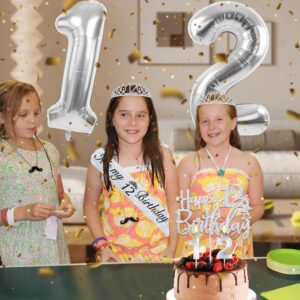 12th Birthday Decorations for Girls Silver, Including 12th Birthday Sash, Crown/Tiara, Candles and Cake Toppers, Silver Number 12 Balloons, 12 Year Old Birthday Party Decorations for A Girl