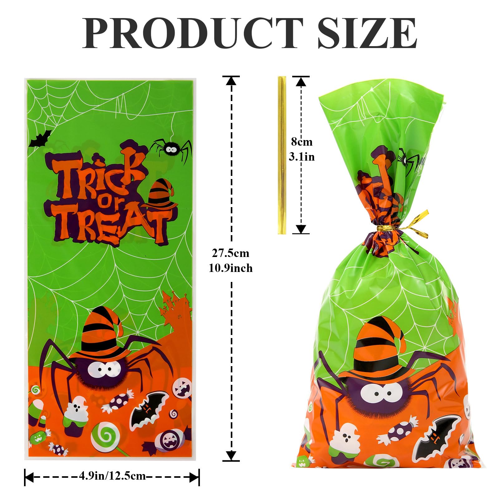 Sainyarh Halloween Cellophane Treat Bags, 50 Pcs Halloween Trick or Treat Candy Bags with Twist Ties, Cute Halloween Goodies Bags Gift Bags for Halloween Party (Style 01)