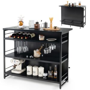 giantex home bar unit, 4 tier liquor bar table with footrest, wine bottle racks, glass holder, industrial corner mini coffee bar cabinet for home kitchen pub (black)