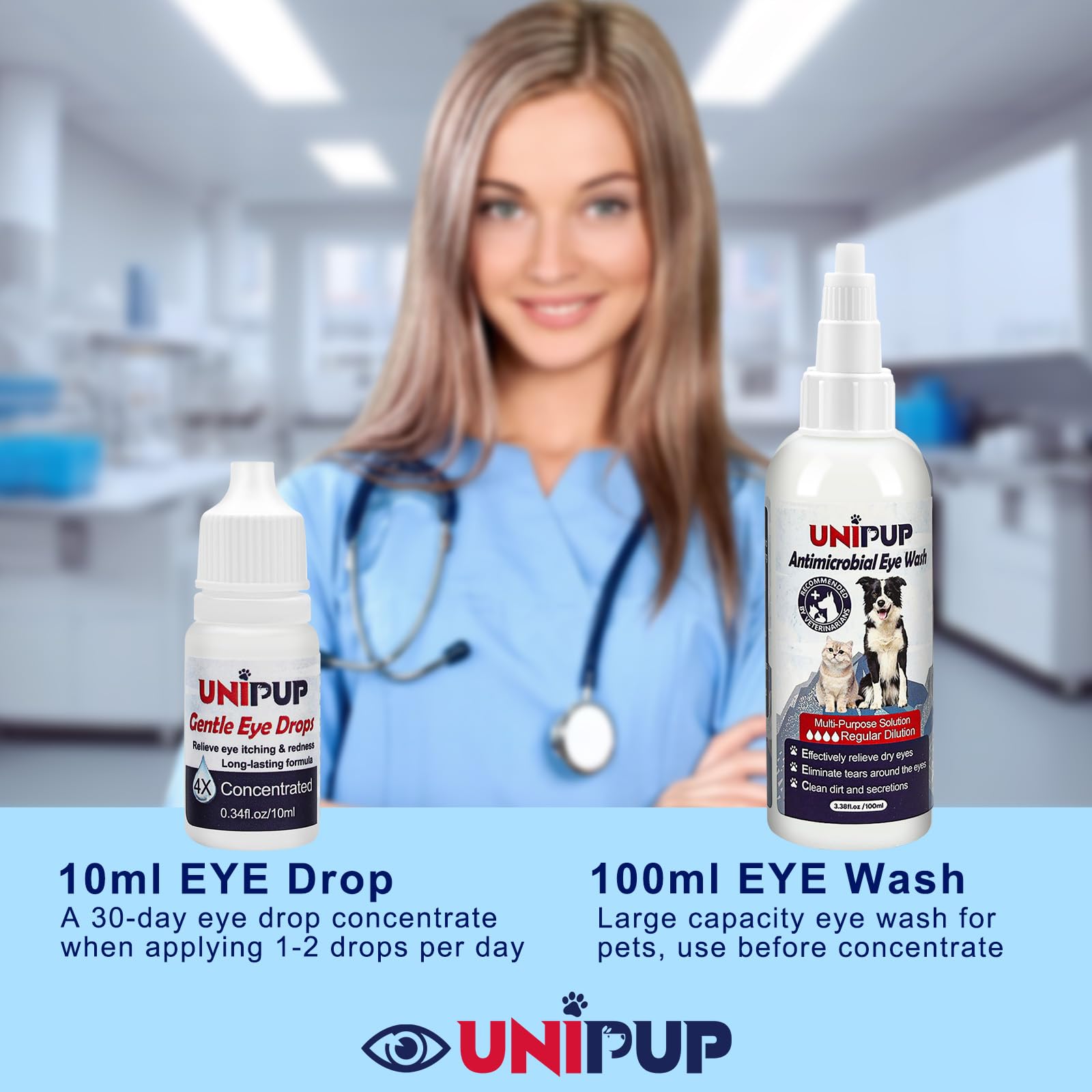 UNIPUP Dog Eye Wash 3.38 fl. oz and Eye Drops 0.34 fl. oz Set for Dogs and Cats to Flush and Soothe Eye Irritations, Dog Tear Stain Cleaner, for Allergies, Mucus, Irritation and Weepy Eyes