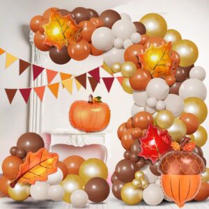 Fall Thanksgiving Decorations Balloon Garland Arch Kit Orange Brown Coffee Foil Balloons Triangle Flag for Autumn Little Pumpkin Baby Shower Birthday Party Supplies