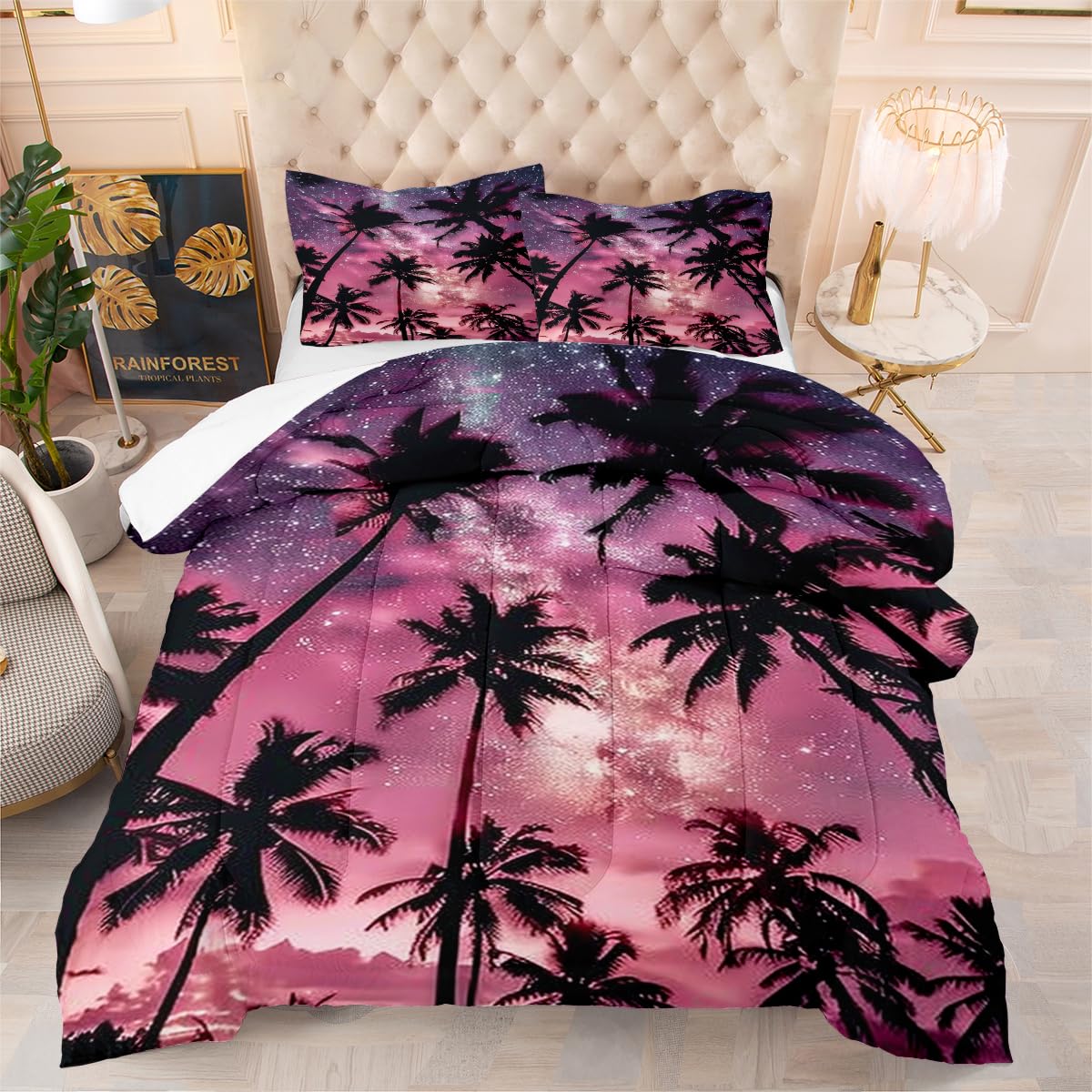 CCoutueChen Coconut Tree Comforter Set Queen Size Tropical Beach Leaf Bedding Sets Botanical Leaves Comforter Romantic Galaxy Bed Set 3Pcs Soft Fluffy Lightweight Comforter (Girls Women Adult)