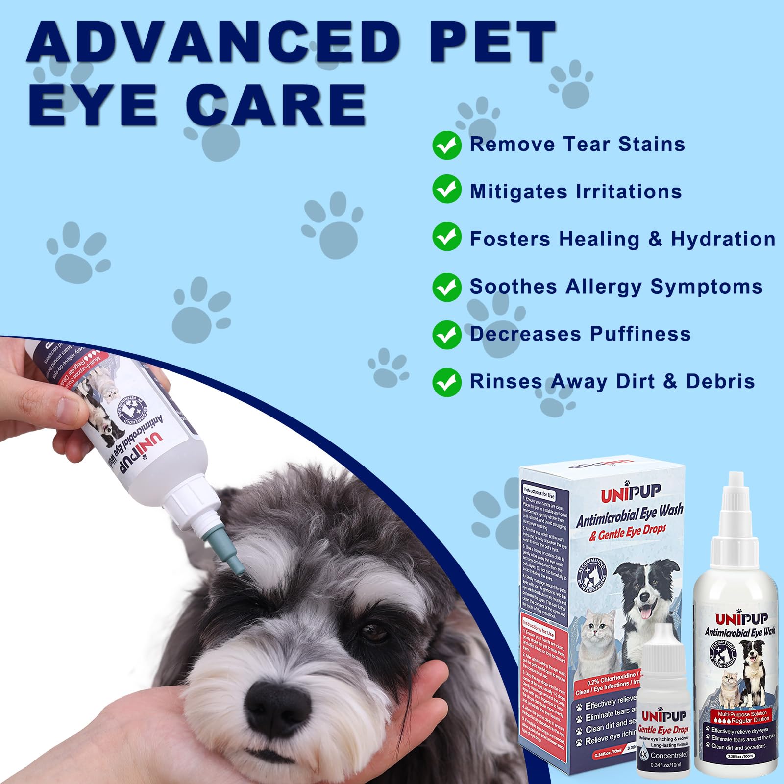 UNIPUP Dog Eye Wash 3.38 fl. oz and Eye Drops 0.34 fl. oz Set for Dogs and Cats to Flush and Soothe Eye Irritations, Dog Tear Stain Cleaner, for Allergies, Mucus, Irritation and Weepy Eyes