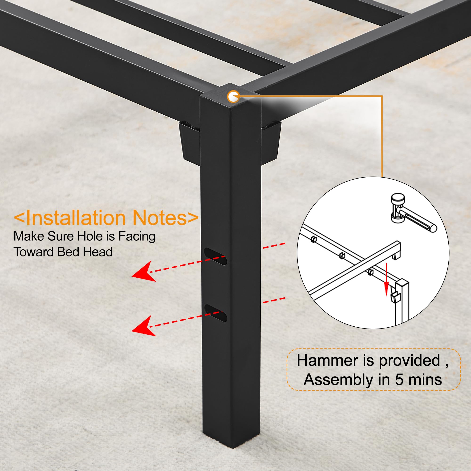 VECELO 14" Twin Size Bed Frame Quick Lock No Screws Metal Platform/Mattress Foundation/No Box Spring Needed