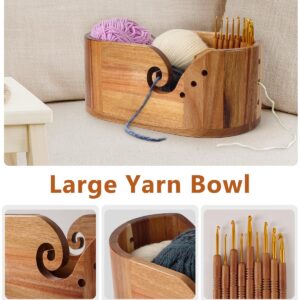 Oval Yarn Bowl, Crochet Yarn Holder with 9pcs Knitting Hooks, Yarn Storage Crochet Bowl Knitting for Crocheters, Large Yarn Bowl Acacia Wooden 11.3x5.9x4.7inch (Acacia Yarn Bowl)