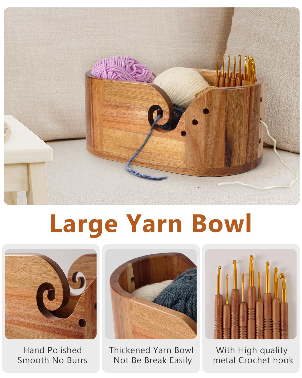 Oval Yarn Bowl, Crochet Yarn Holder with 9pcs Knitting Hooks, Yarn Storage Crochet Bowl Knitting for Crocheters, Large Yarn Bowl Acacia Wooden 11.3x5.9x4.7inch (Acacia Yarn Bowl)