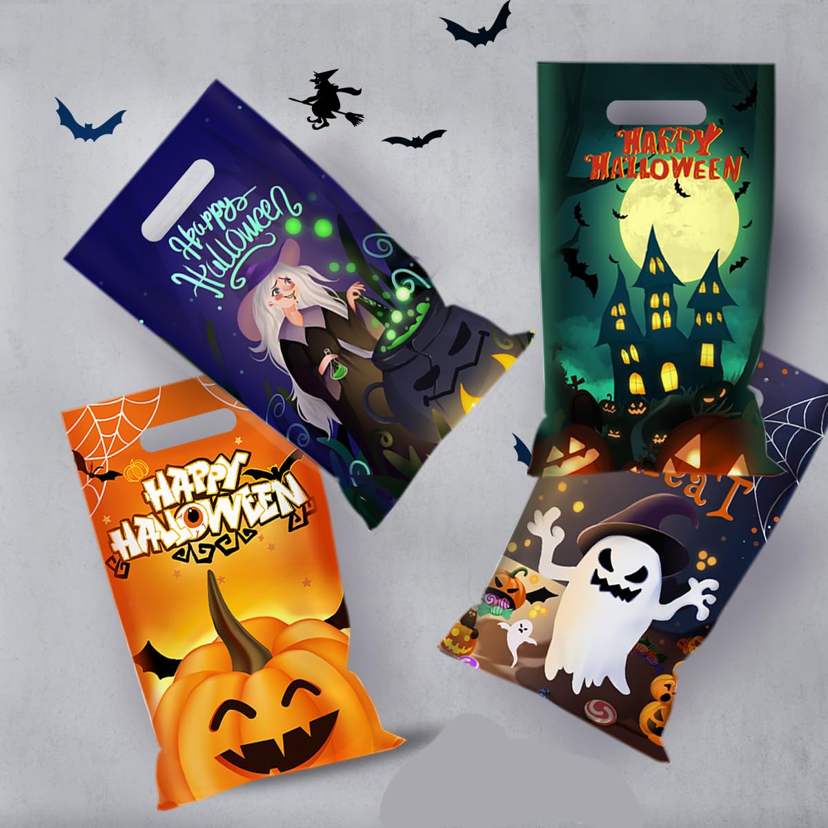 Artby7 50 Pcs Halloween Crafts Plastic Bag With Die Cut Handle, 6.5''x10'' Trick or Treat Bags Goodie Bags Halloween Candy Gift Bags for Halloween Party Favors Supplies Decorations