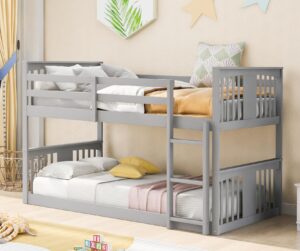 merax kids bunk bed twin over twin, wood low floor bunkbed with stairs guardrail for boys, girls, toddlers, no box spring required, grey