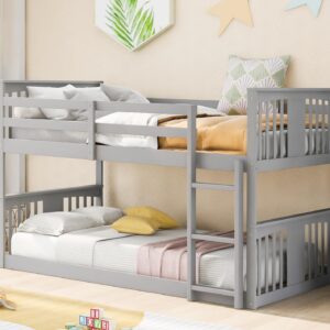 Merax Kids Bunk Bed Twin Over Twin, Wood Low Floor Bunkbed with Stairs Guardrail for Boys, Girls, Toddlers, No Box Spring Required, Grey