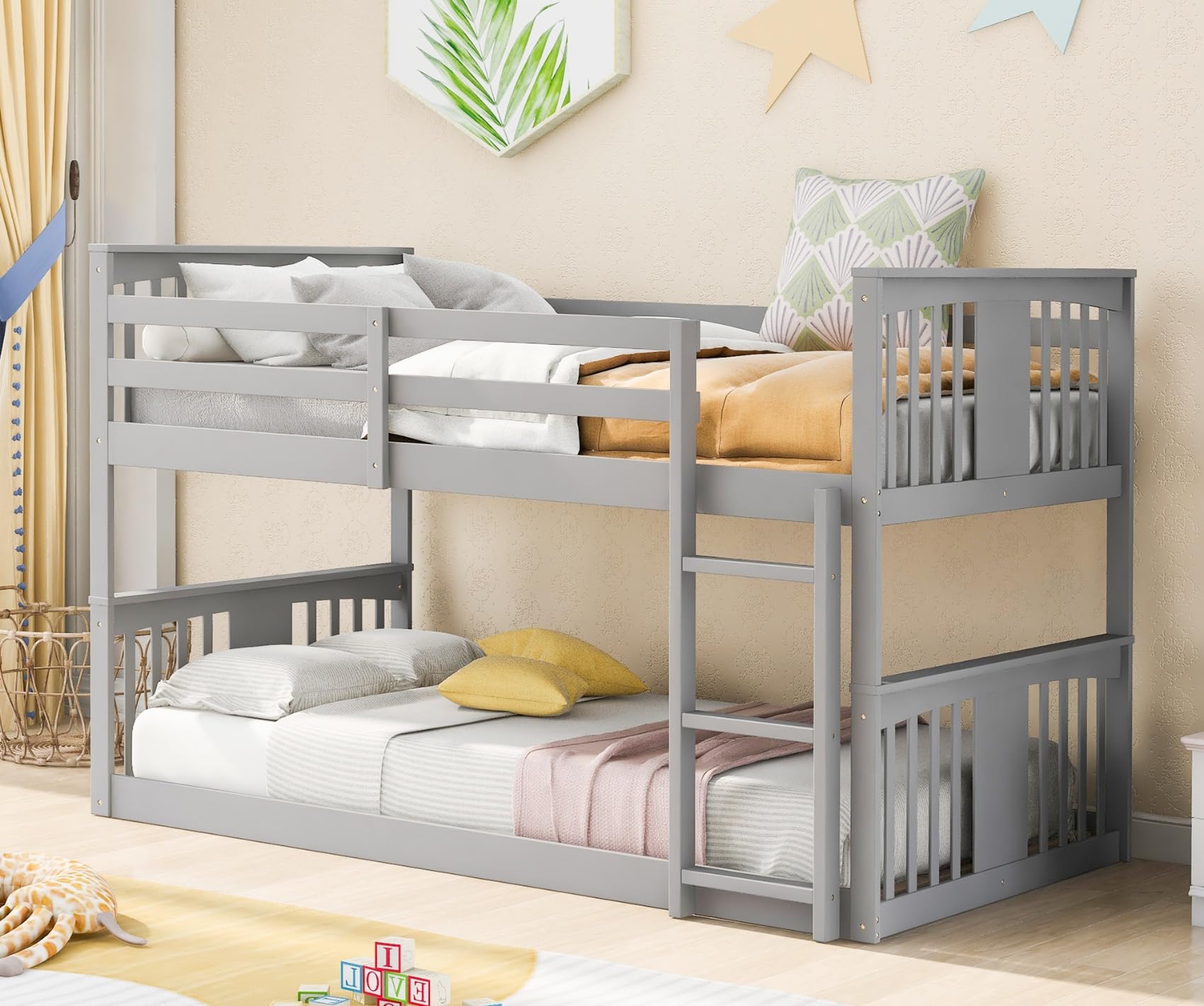 Merax Kids Bunk Bed Twin Over Twin, Wood Low Floor Bunkbed with Stairs Guardrail for Boys, Girls, Toddlers, No Box Spring Required, Grey