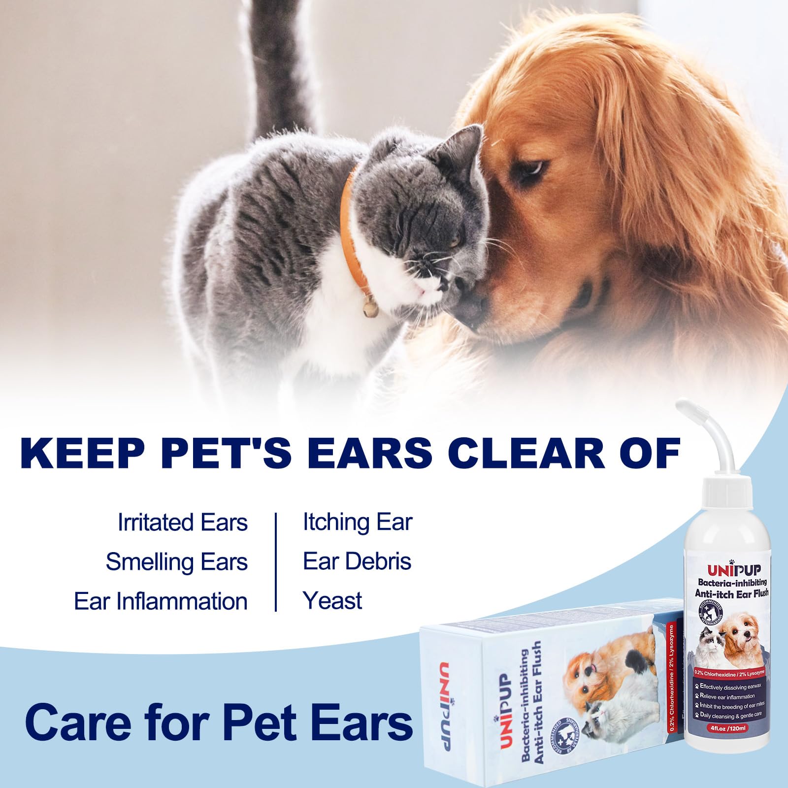 UNIPUP Dog Ear Cleaning Solution，Ear Infection Treatment for Dogs & Cats to Mitigate Itching, Inflammation, and Odor for Maintaining Ear Hygiene, with 30 Cotton Swabs, 4 oz