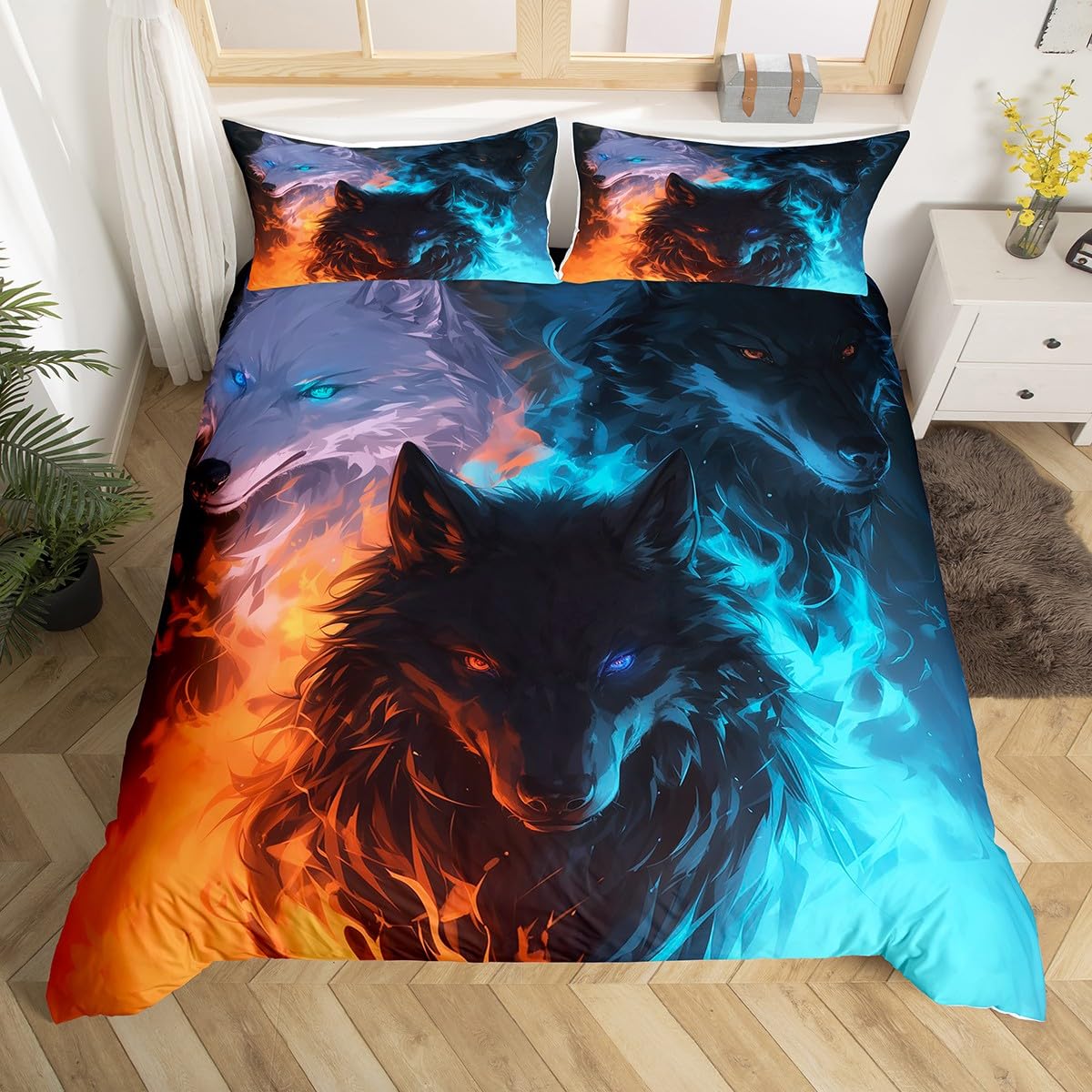 Fire Wolf Duvet Cover Full Size,Ice and Flame Wolf Bedding Set 3Pcs,Kids Boys Teens Adults Home Decor,Wild Animal Hunting Theme Comforter Cover,3D Cool Wildlife Quilt Cover,2 Pillowcases(No Comforter