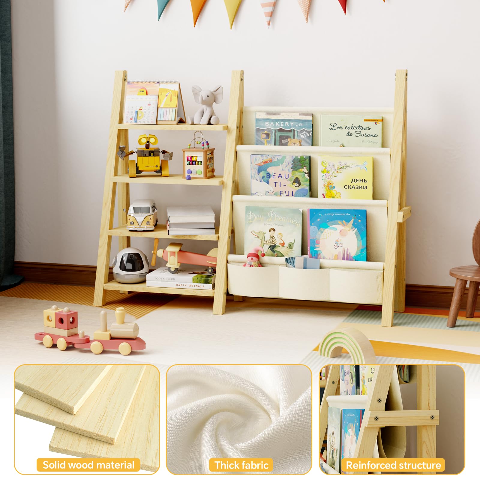 Oenalw Toy Storage Organizer with Kids Bookshelf, Montessori Wooden Toy Organizer Book Shelf for Kids Rooms, Nursery, Playroom, Child, Baby, Toddler Bookcase, Toys Rack Fabric Sling Book Shelves