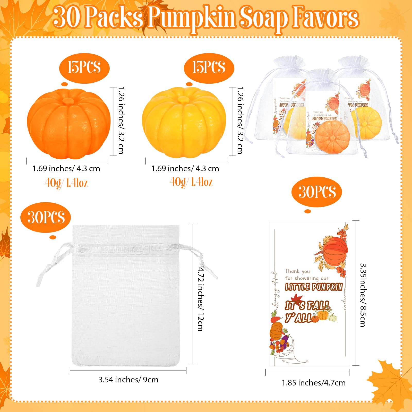 Liliful 30 Sets Pumpkin Theme Baby Shower Soap Favors Included Mini Pumpkin Soap Thanks Cards Drawstring Gift Bags for Fall Bridal Shower Wedding Autumn Thanksgiving Day Party Gifts Decorations