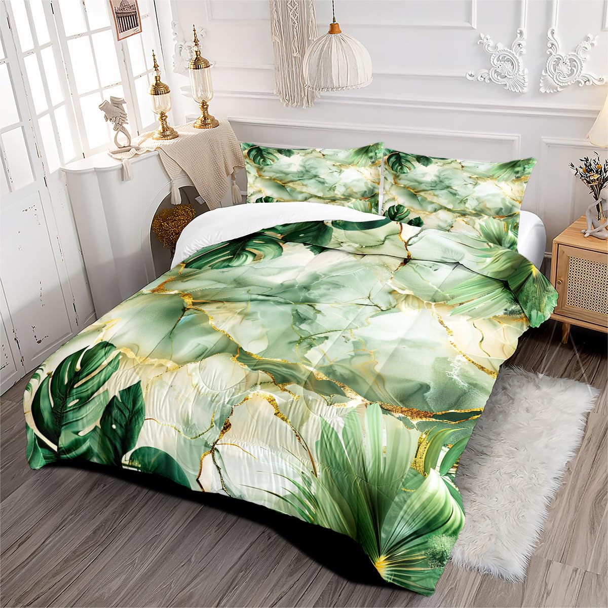 CCoutueChen White Gold Marble Comforter Bedding Set King Size Green Palm Leaf Bed Sets Summer Comforter Insert Tropical Botanical Leaves Bedding 3Pcs Soft Lightweight Comforter(Girls Women Adult)