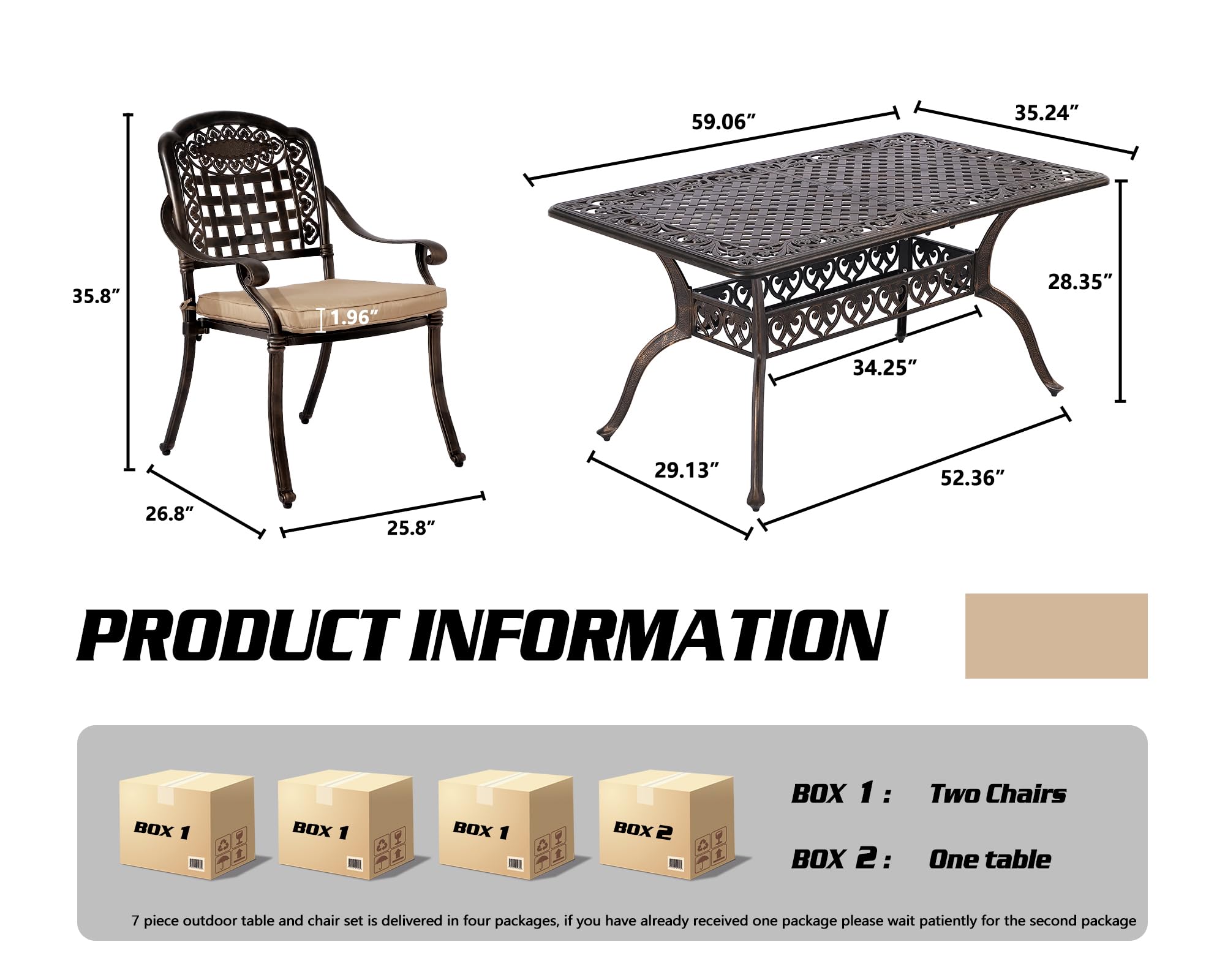 TITIMO Cast Aluminum Patio Dining Set 7-Piece with Cast-Top Table and Chairs with Cushions,Outdoor Furniture Set for Backyard Porch Pool (6 Love Chairs+Rect Table+Khaki Cushions)