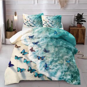 CCoutueChen Sea Butterfly Comforter Set Queen Size Tropical Ocean Beach Bedding Sets Hawaii Coastal Comforter Blue Ocean Animal Bed Set 3Pcs Soft Fluffy Lightweight Comforter (Girls Women Adult)