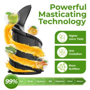 Masticating Juicer Machines, 350W Slow Cold Press Juicer with 5.3" Feeding Chute, High Juice Yield Juicer for Fruits and Vegetables, Easy to Clean