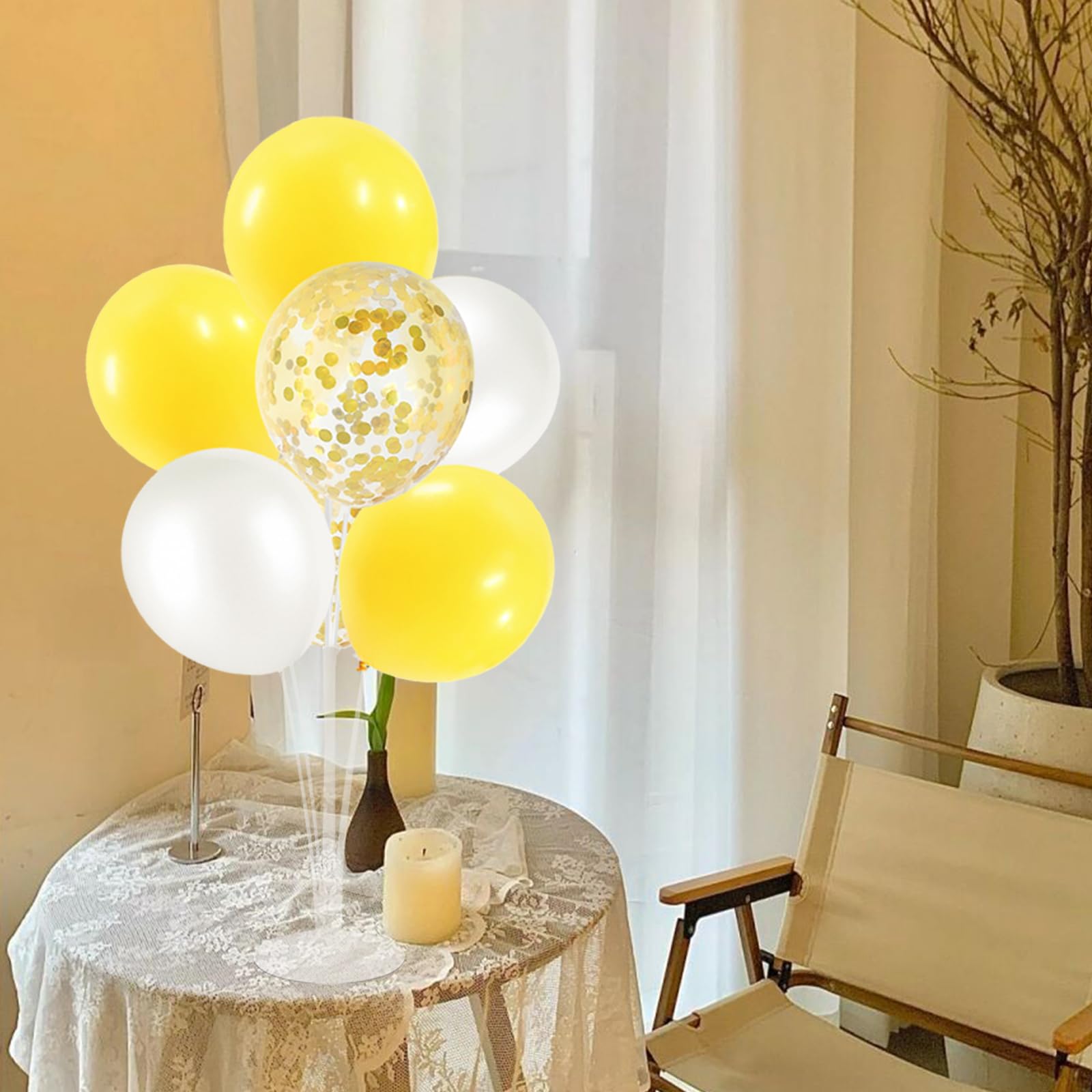 ZJDHPTY 6 Set Balloon Stand with Yellow and White Balloons Centerpiece Table Decorations Bee Daisy Sunflower Theme Pary Decorations Birthday Bridal Shower Wedding New Years Decorations 2025