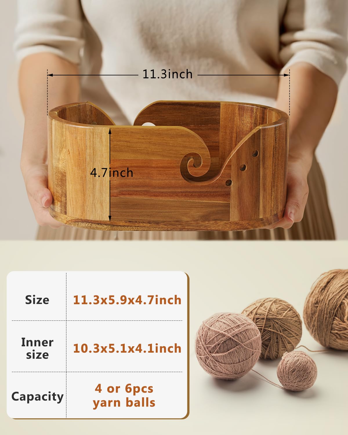 Oval Yarn Bowl, Crochet Yarn Holder with 9pcs Knitting Hooks, Yarn Storage Crochet Bowl Knitting for Crocheters, Large Yarn Bowl Acacia Wooden 11.3x5.9x4.7inch (Acacia Yarn Bowl)