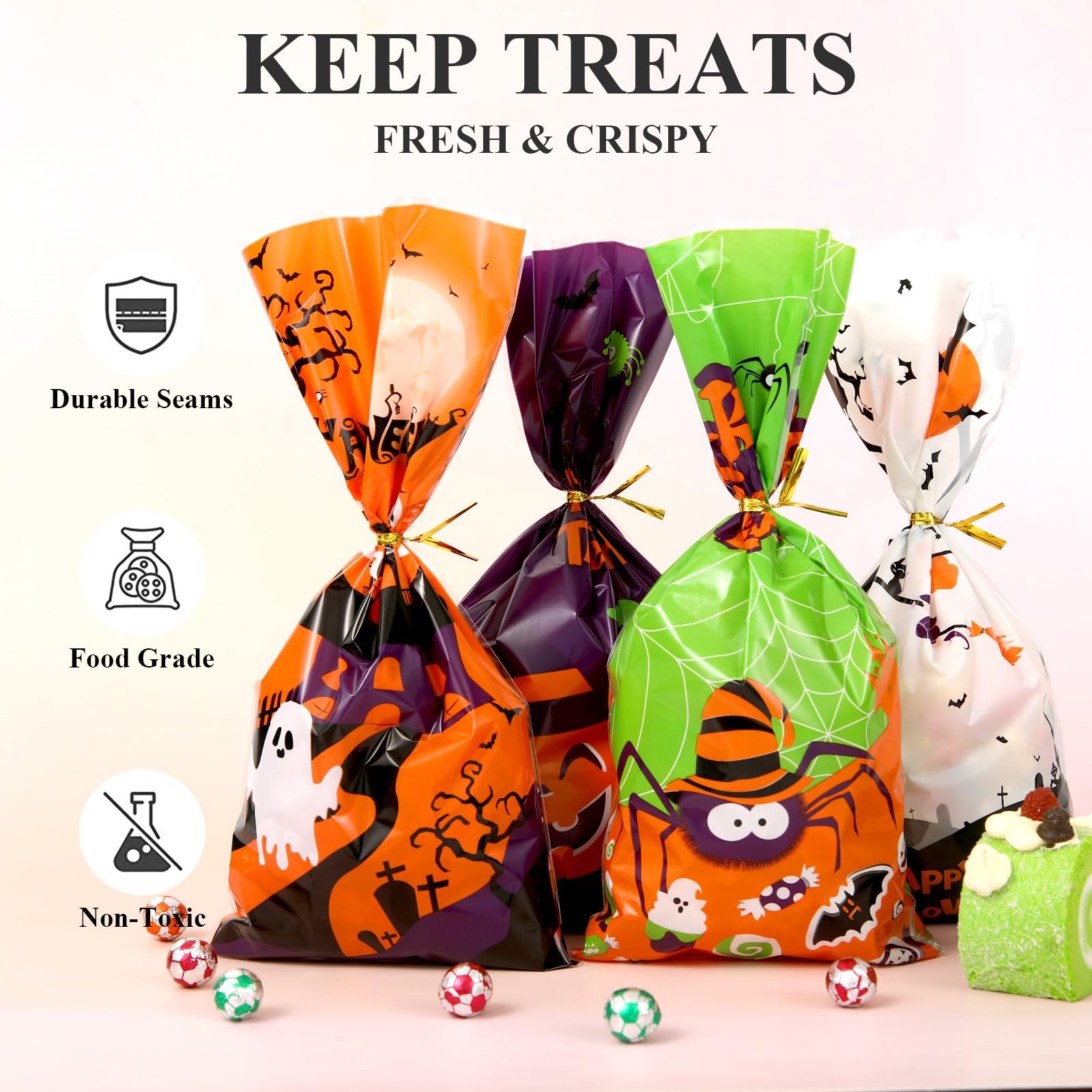 Sainyarh Halloween Cellophane Treat Bags, 50 Pcs Halloween Trick or Treat Candy Bags with Twist Ties, Cute Halloween Goodies Bags Gift Bags for Halloween Party (Style 01)