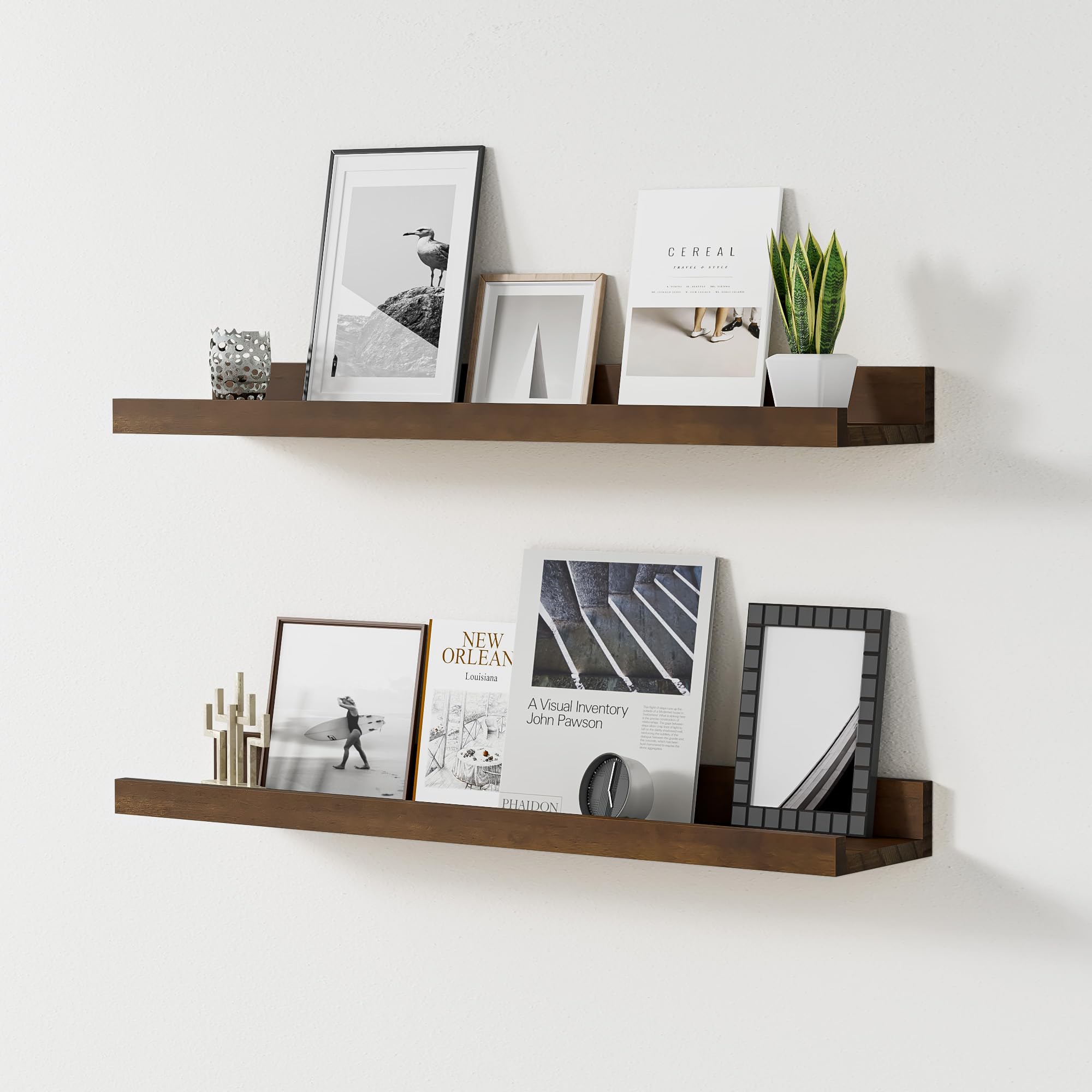 Acovy Floating Shelves for Wall, 24 inch Solid Wood Picture Ledge Shelf, Picture Shelf for Wall with Ledge, Floating Book Shelves for Living Room Bedroom Kitchen Nursery Decor, Walnut, Set of 2