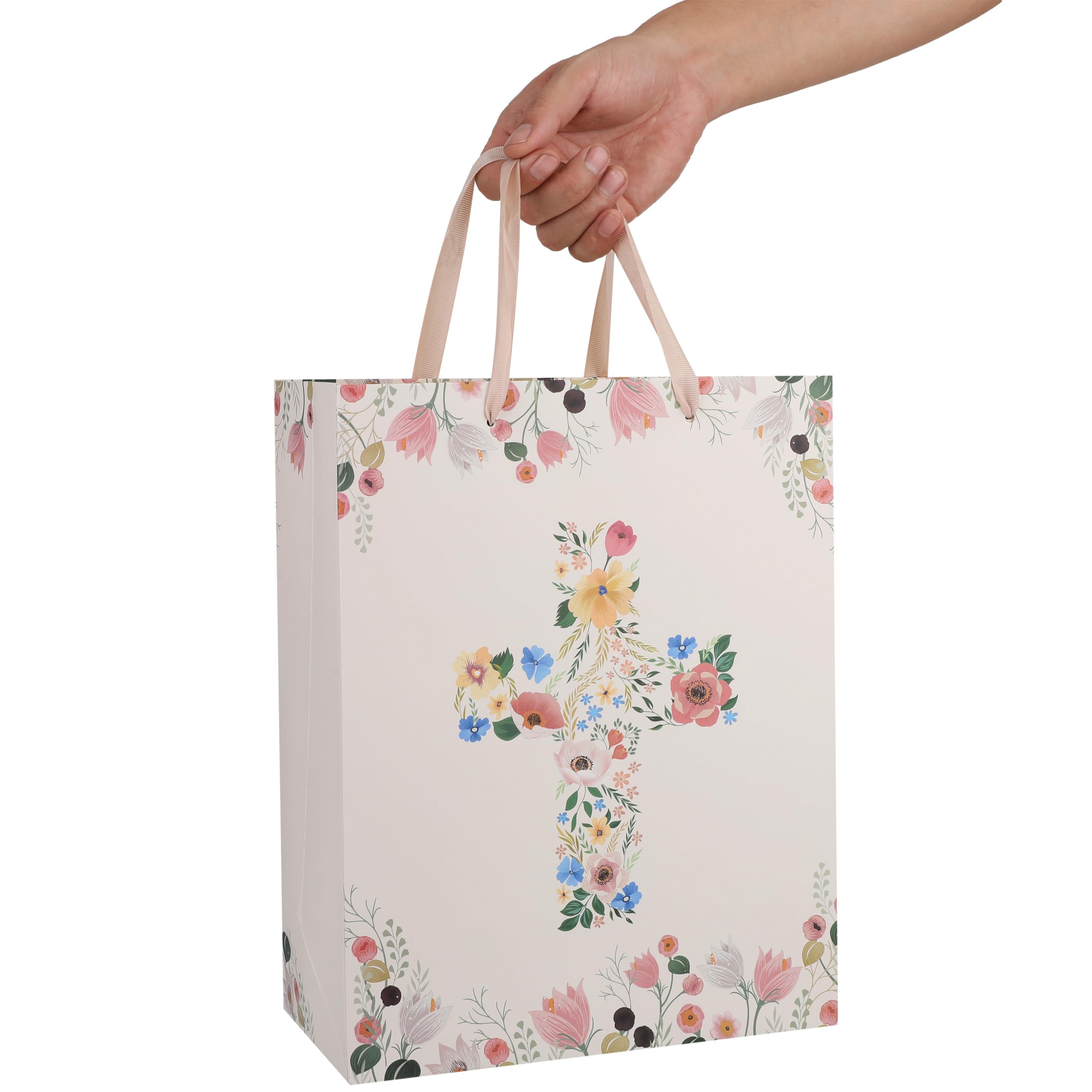 13" Large Light Yellow Gift Bag Set with Greeting Card and Tissue Papers (Floral Vine Cross) for First Communions, Baby Girl Baptisms, Christenings, Religious Occasion, Clergy Day - 10.2”x5.2”x13”, 1 Pcs.