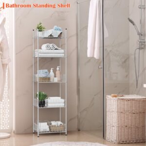 smusei Bathroom Storage Shelf Freestanding Bathroom Shelves Organizer, 5 Tier Bathroom Towel Storage Rack Stand Metal Wire Shelving Units for Small Space Kitchen Pantry Laundry Room, Silver