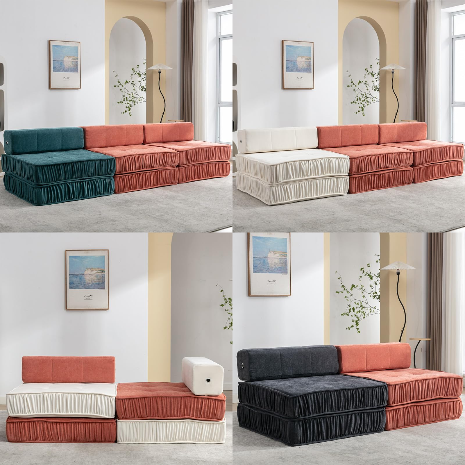 ROCKINGRUN Folding Sofa Bed,Convertible Memory Foam Couch,Chenille Sleeper Chair Floor Couch with Removable Back Cushion,Futon Sofa Bed for Living Room, Guest Room, Apartment, Small Space,Orange