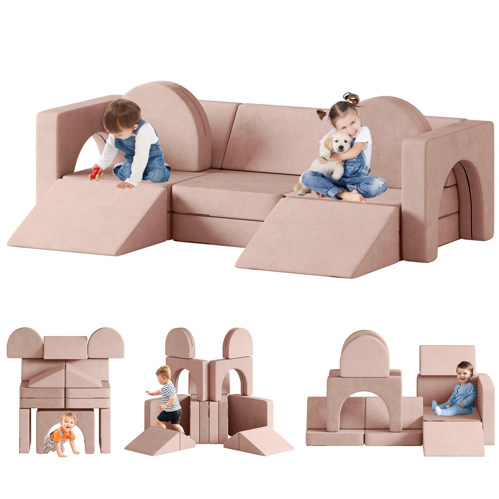 DEYGIA 13PCS Modular Kids Play Couch, Kids Couch with Climbing Slope, 13 in 1 Toddler Couch for Playing, Creativing, Sleeping, Indoor Kids Sofa for Boys and Girls (Pink)