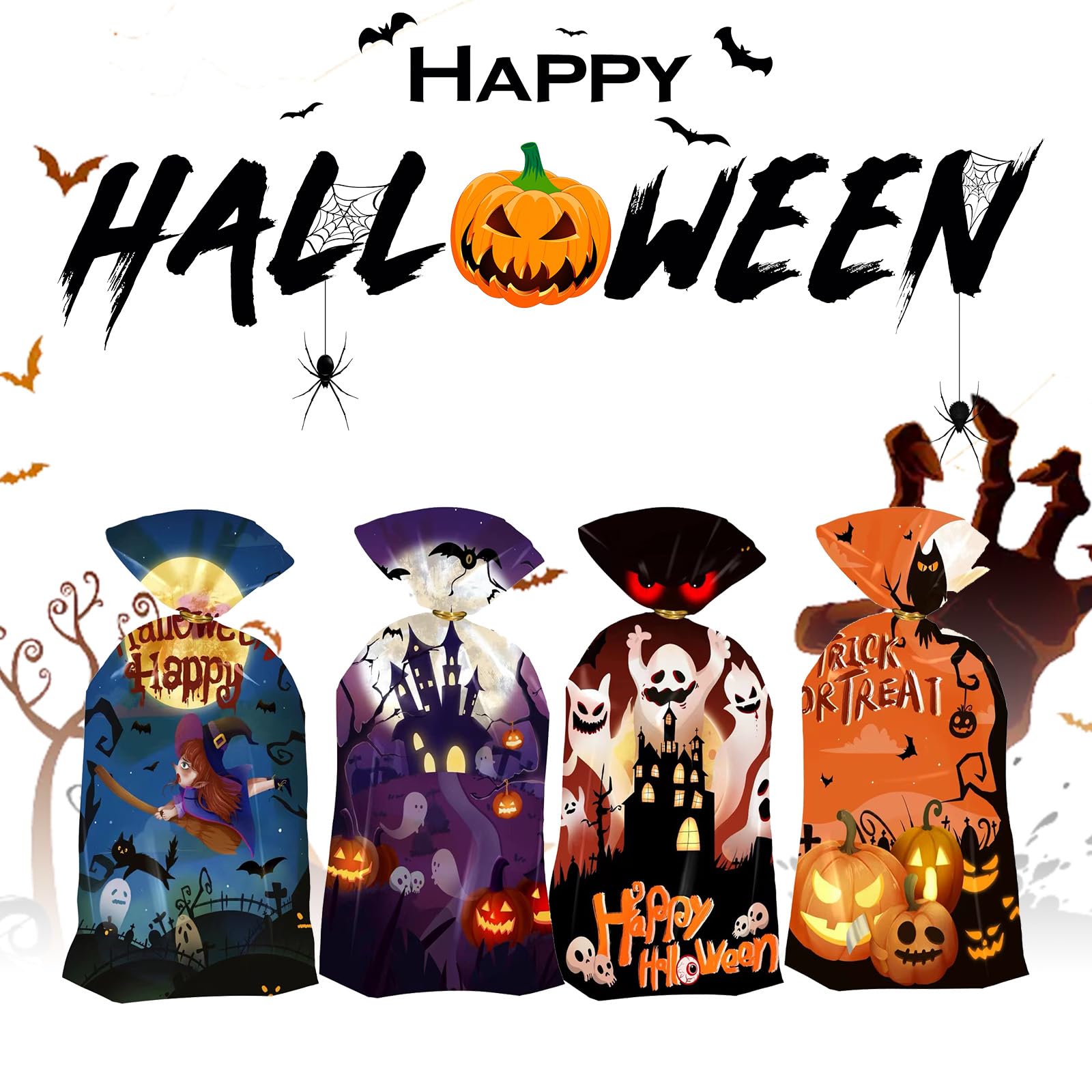 Artby7 Halloween Treat Bags, Halloween Cellophane Treat Bags, 50 PCS Halloween Candy Bags, Halloween Cello Cookie Goodies Gift Bags with 50pcs Ties for Halloween Trick or Treat Party Favors Supplies