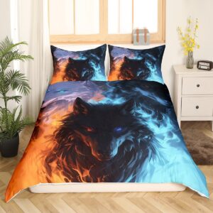 Fire Wolf Duvet Cover Full Size,Ice and Flame Wolf Bedding Set 3Pcs,Kids Boys Teens Adults Home Decor,Wild Animal Hunting Theme Comforter Cover,3D Cool Wildlife Quilt Cover,2 Pillowcases(No Comforter