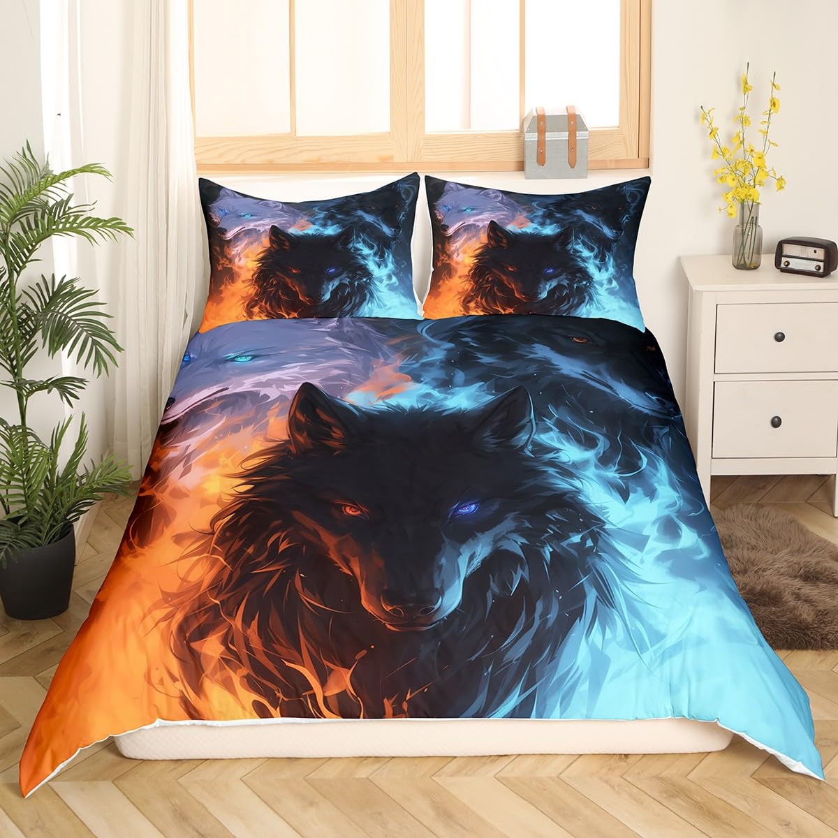 Fire Wolf Duvet Cover Full Size,Ice and Flame Wolf Bedding Set 3Pcs,Kids Boys Teens Adults Home Decor,Wild Animal Hunting Theme Comforter Cover,3D Cool Wildlife Quilt Cover,2 Pillowcases(No Comforter