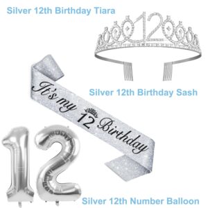 12th Birthday Decorations for Girls Silver, Including 12th Birthday Sash, Crown/Tiara, Candles and Cake Toppers, Silver Number 12 Balloons, 12 Year Old Birthday Party Decorations for A Girl