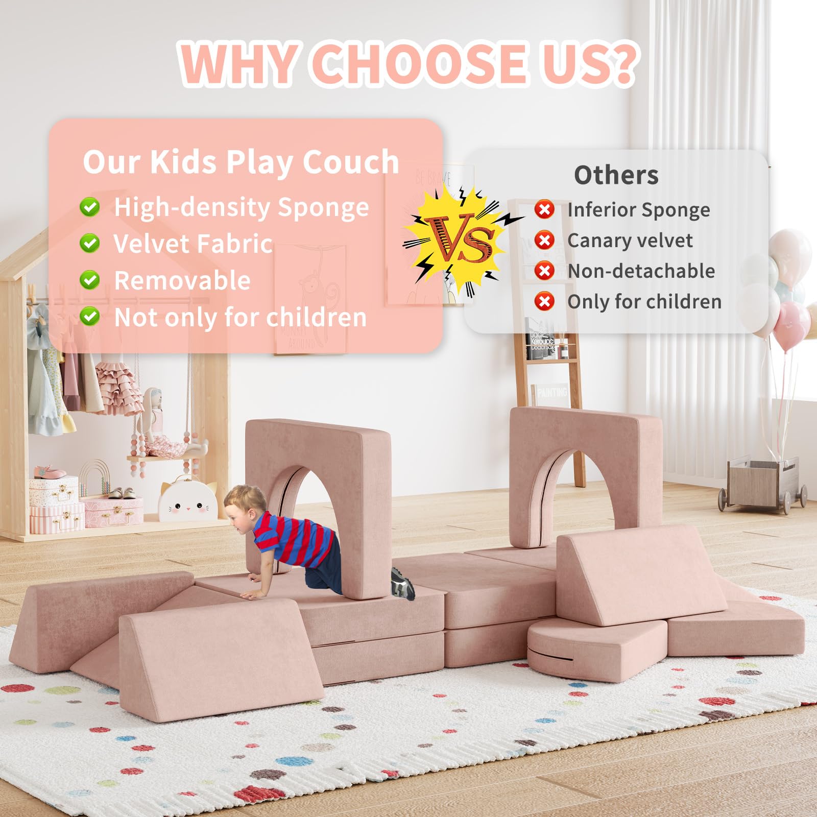 DEYGIA 13PCS Modular Kids Play Couch, Kids Couch with Climbing Slope, 13 in 1 Toddler Couch for Playing, Creativing, Sleeping, Indoor Kids Sofa for Boys and Girls (Pink)