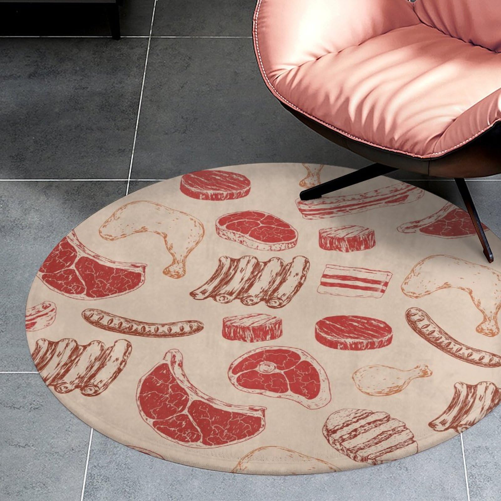 MoBlinko Beef Steak Round Area Rug BBQ Circle Rug Carpet Circular Rugs Non Slip Mat for Kitchen Living Room Bedroom Decoration 3 Ft